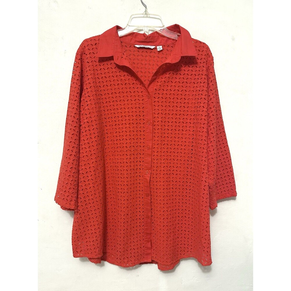 Issac Mizrahi Orange Eyelet Design Embroidered Edges Perforated Detail Shirt 2X